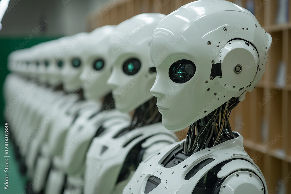 Poster a close-up of a humanoid robot's face, with other robots in the background ai generative
