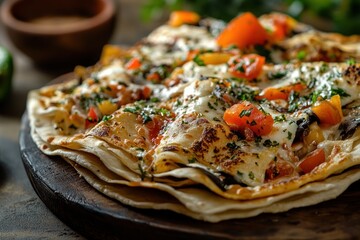 Delicious Flatbread Pizza with Melted Mozzarella, Roasted Vegetables and Fresh Herbs