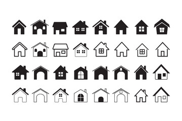 Collection home icons. House symbol. Set of real estate objects and houses black icons isolated on white background. Vector illustration.
