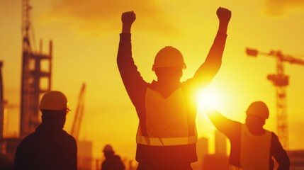 Fototapeta premium Workers Raising Hands in Urban Solidarity at Sunset