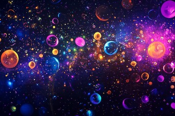 Colorful bubbles float amidst a sparkling cosmic background