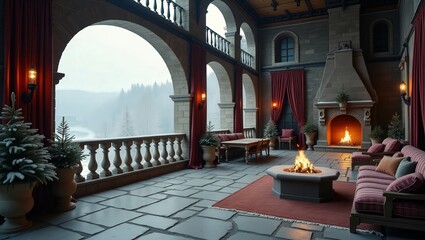 Medieval design of Balcony on Winter, cinematic photography