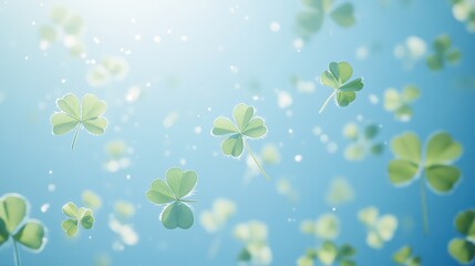 Floating Clover Leaves on Soft Blue Gradient Background with Gentle Light Effects