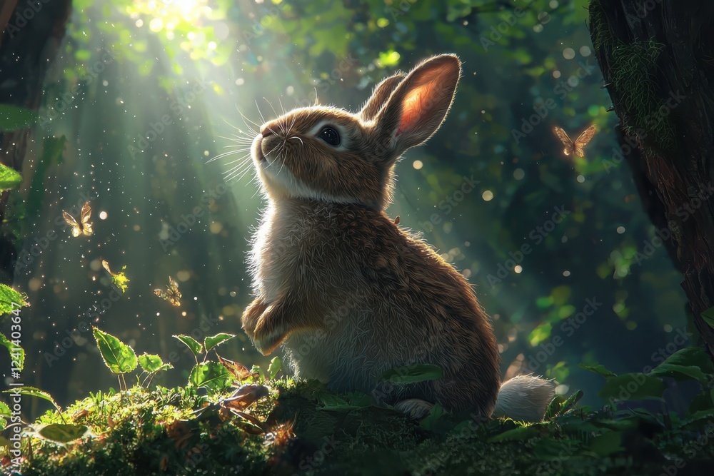Poster adventurous bunny rabbit exploring hidden paths in an enchanted forest filled with magical creatures