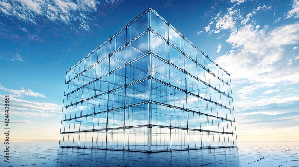 Poster a 3d image of a futuristic glass building with an empty concrete floor