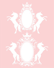 oval frame with rose flowers, princess crown and rearing up fairy tale unicorn horse - pink and white vector copy space royal design set