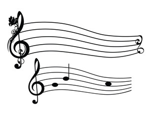 treble clef decorated with blooming rose flower and notes staff lines - classical music harmony symbol black and white vector design set