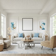 Frame mockup, ISO A paper size. Living room wall poster mockup. Interior mockup with house background. Modern interior design. 3D render