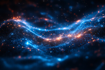 Obraz premium An abstract digital background representing the Shambhala awakening system, featuring interconnected data points and glowing lines in blue and black hues, symbolizing a path to enlightenment through m