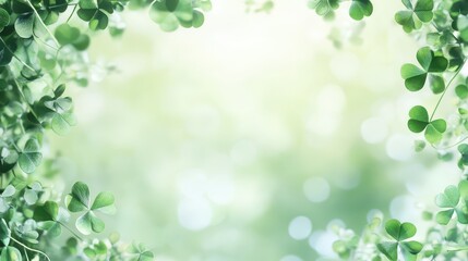 Obraz premium Lush Green Clover Leaves Framing a Softly Blurred Background for Nature and Garden Themes