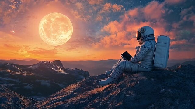 Astronaut reading on lunar mountain, sunset. Space exploration concept