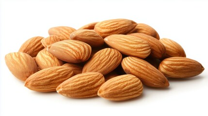 Pile of almonds heaped together, isolated on a white background for culinary and health purposes, showcasing their texture and color detail