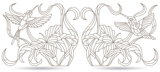 A set of contour illustrations of stained glass Windows with hummingbirds and lilies, dark outlines on a white background © Zagory
