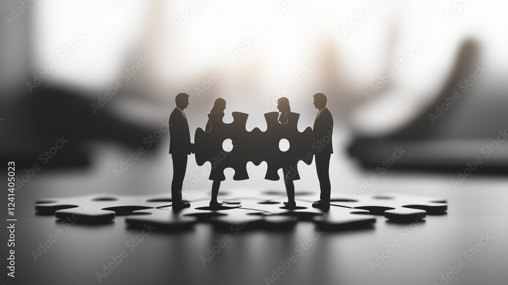 Poster high angle shot of people standing on puzzle pieces, collaborating to fit them together. this symbol
