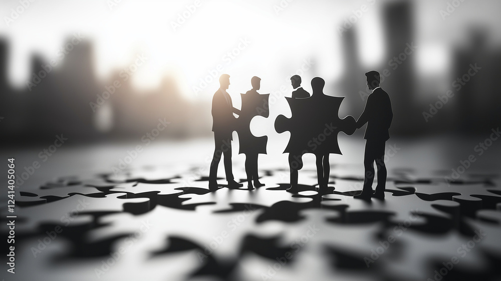 Poster high angle shot of people standing on puzzle pieces, symbolizing teamwork and collaboration in busin