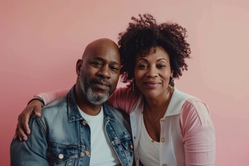 Fototapeta premium Portrait of a glad afro-american couple in their 40s dressed in a breathable mesh vest in soft pink background