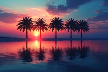 Silhouetted Palm Trees at Sunset Reflecting in Calm Water