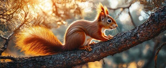 Obraz premium Red squirrel on branch, sunset forest, wildlife