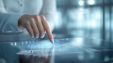 Businesswoman analyzing data on a digital interface while pointing at a pie chart during a corporate meeting