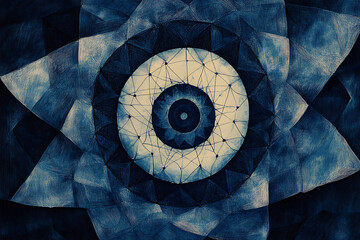 An abstract digital background representing the Shambhala awakening system, featuring interconnected data points and glowing lines in blue and black hues, symbolizing a path to enlightenment through m