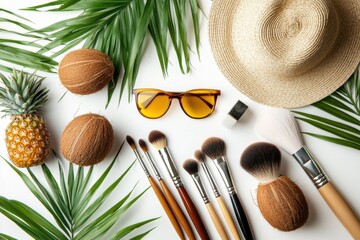 A vibrant summer flat lay featuring tropical elements, including sunglasses, a sun hat, pineapples, and makeup brushes surrounded by lush palm leaves, evoking feelings of relaxation and vacation.