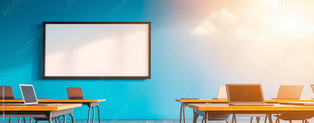 Poster modern digital classroom with large screen and laptops on desks, featuring bright and inviting atmos