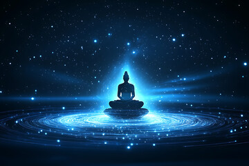 An abstract digital background representing the Shambhala awakening system, featuring interconnected data points and glowing lines in blue and black hues, symbolizing a path to enlightenment through m