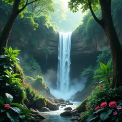 A vibrant and dense rainforest, alive with greenery. A crystal-clear waterfall cascades down rocky cliffs, surrounded by tropical plants