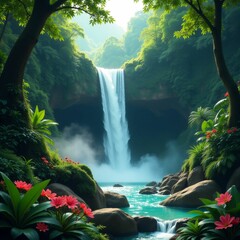 A vibrant and dense rainforest, alive with greenery. A crystal-clear waterfall cascades down rocky cliffs, surrounded by tropical plants