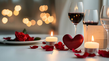 A romantic dinner with a heart-shaped candle and two glasses of red wine. generated using AI