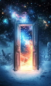 magic fantasy door to another world, parallel dimensions and heaven, mysterious paradise, new beginnings and choice concept