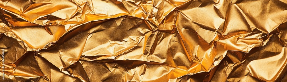 Poster a close-up view of crumpled golden foil with a shiny texture and intricate creases.