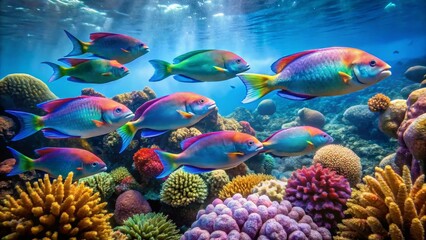 Vibrant Reef Fish Schooling Amidst a Colorful Coral Garden Undersea