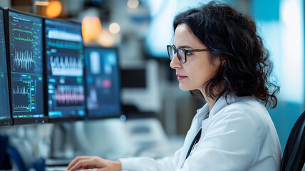 focused doctor analyzes patient data on multiple screens in modern medical facility, showcasing advanced technology and dedication to healthcare