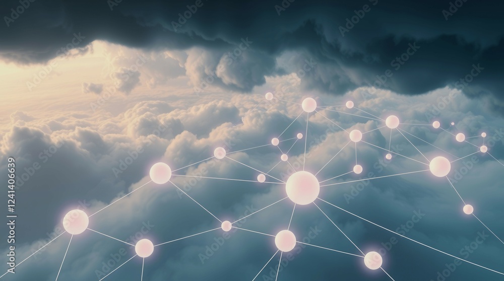Poster a network of glowing spheres is suspended in the sky, with clouds in the background. concept of inte