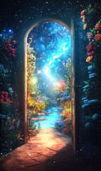 magic fantasy door to another world, parallel dimensions and heaven, mysterious paradise, new beginnings and choice concept
