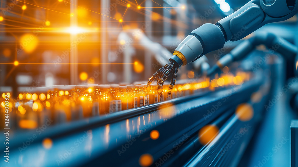 Poster automated robotic arm in medical production plant, efficiently handling items on conveyor belt. scen