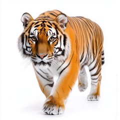 Majestic Bengal tiger walking confidently against a white background
