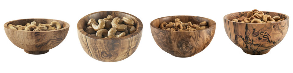 Cashews in a wooden bowl isolated on transparent background, PNG, Set of