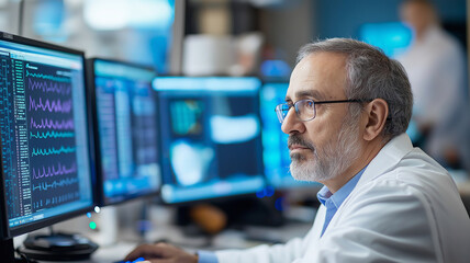 Fototapeta premium middle aged male doctor focused on multiple computer screens displaying medical data and graphs, showcasing professional healthcare environment