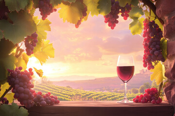 Fototapeta premium Wine glass amidst vineyard sunset with grapevines and scenic view