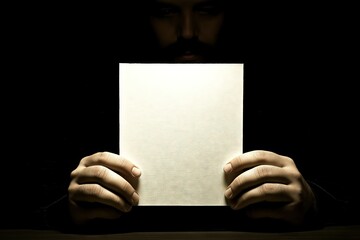 Naklejka premium Hands Holding Vertical Blank Paper in Dimly Lit Background - Template with Space for Text