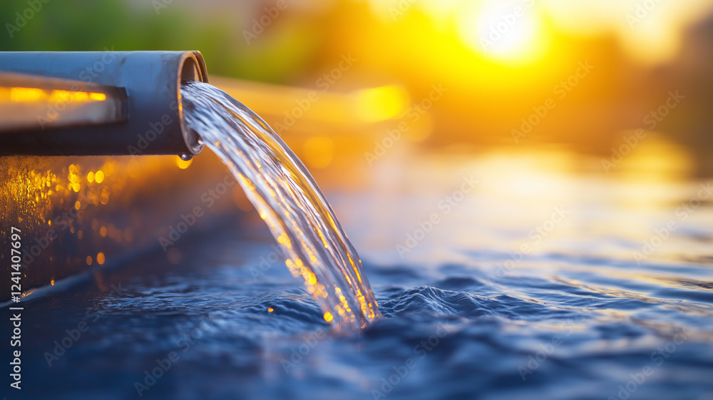 Poster water flowing from pipe into tranquil pool at sunset, creating serene atmosphere with shimmering ref