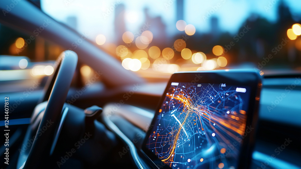 Poster close up view of car interior featuring digital navigation screen displaying vibrant map with city l