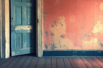 Vintage Interior Room with Worn Blue Door and Peeling Painted Walls