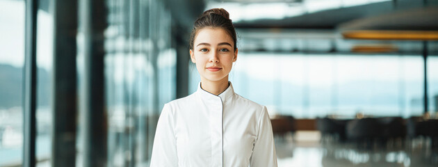 Bright hotel lobby portrait hospitality staff welcoming guests with excellence