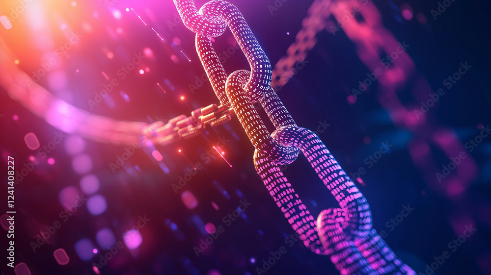 Poster digital chain with binary code, glowing links, vibrant colors, abstract background, technology conce