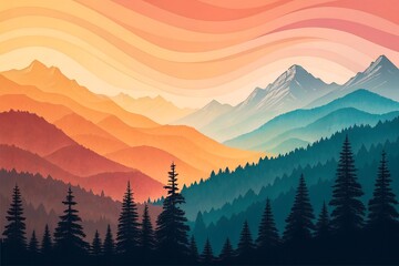 Obraz premium Colorful Mountain Landscape Illustration at Sunset