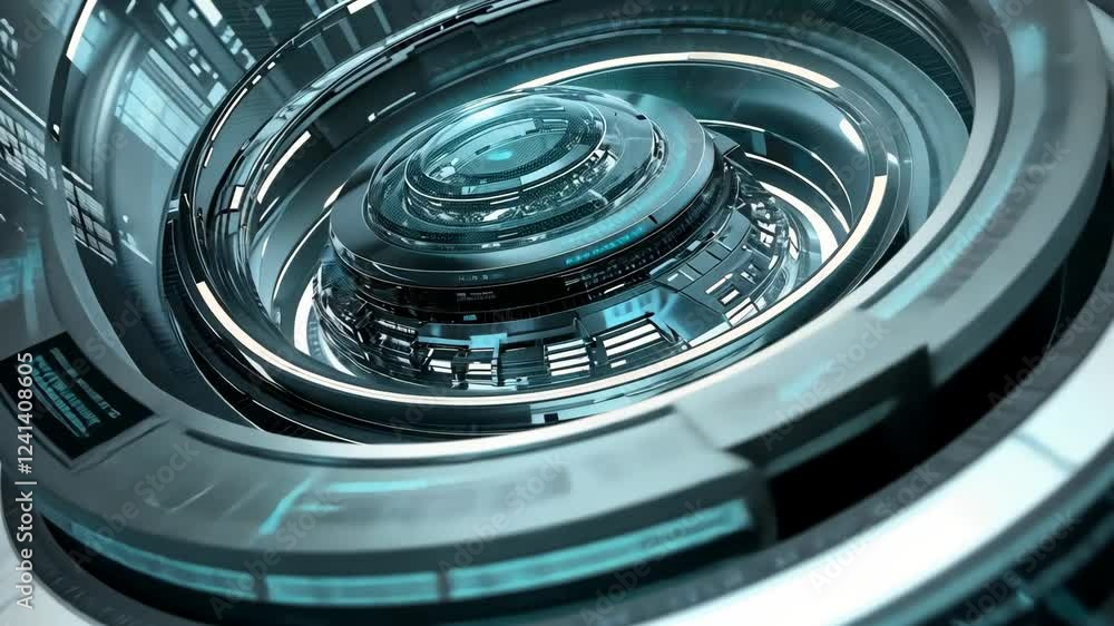 Poster futuristic technology concept showcasing a glowing circular interface design in a digital environmen