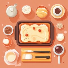 Specialty baking, decorative cakes and breads, top view, flat design illustration